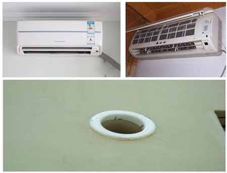 空調(diào)拆室內(nèi)機(jī)用2個(gè)扳手把室內(nèi)機(jī)連接鎖母擰松，然后用手旋出鎖母，用改錐卸下控制線。單冷型空調(diào)器控制線中，有二根電源線，一根保護(hù)地線。接線端子板有A、B，l、2標(biāo)記。冷暖兩用型空調(diào)器控制線及電源都在5根線以上.jpg
